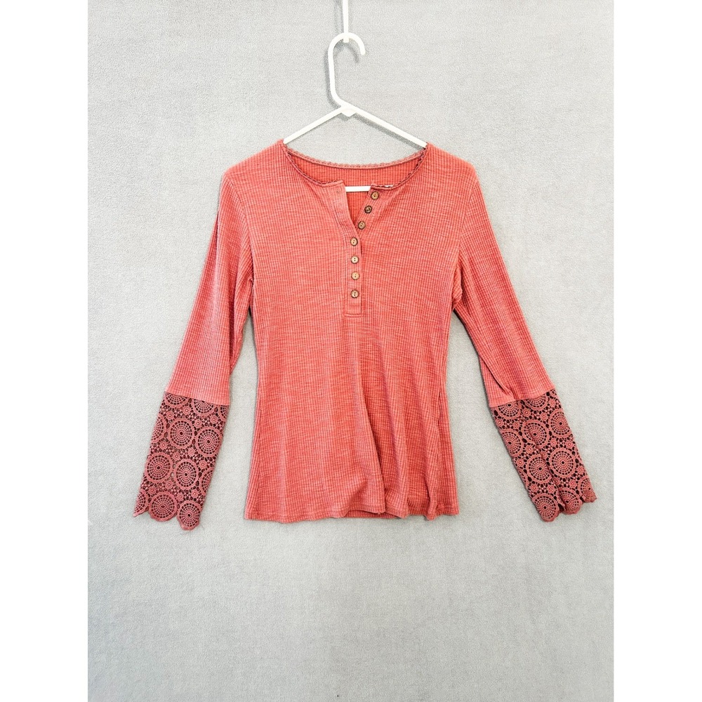 Womens Ribbed Knit Henley Top Crochet Lace Long Sleeve Terracotta Coral Small